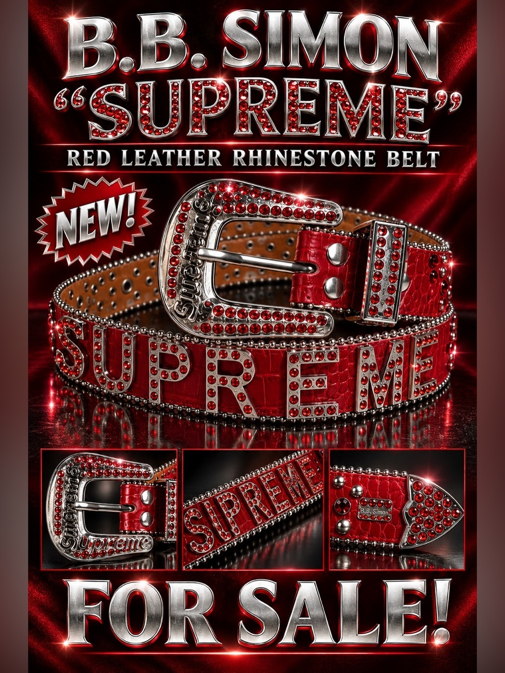 B.B. Simon/Supreme Red Rhinestone Logo Belt with Silver Buckle🔥New! Size: 30-36